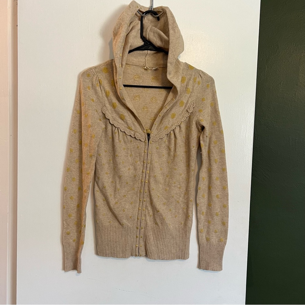 Anthropologie moth beige and yellow polka dot hooded wool blend full zip sweater